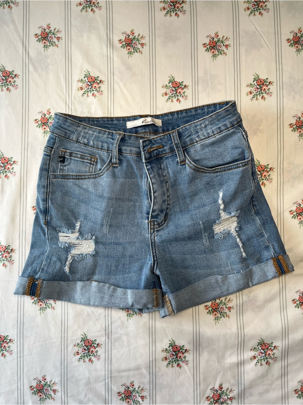 KanCan Light Blue Distressed Denim Roll-Cuff Shorts